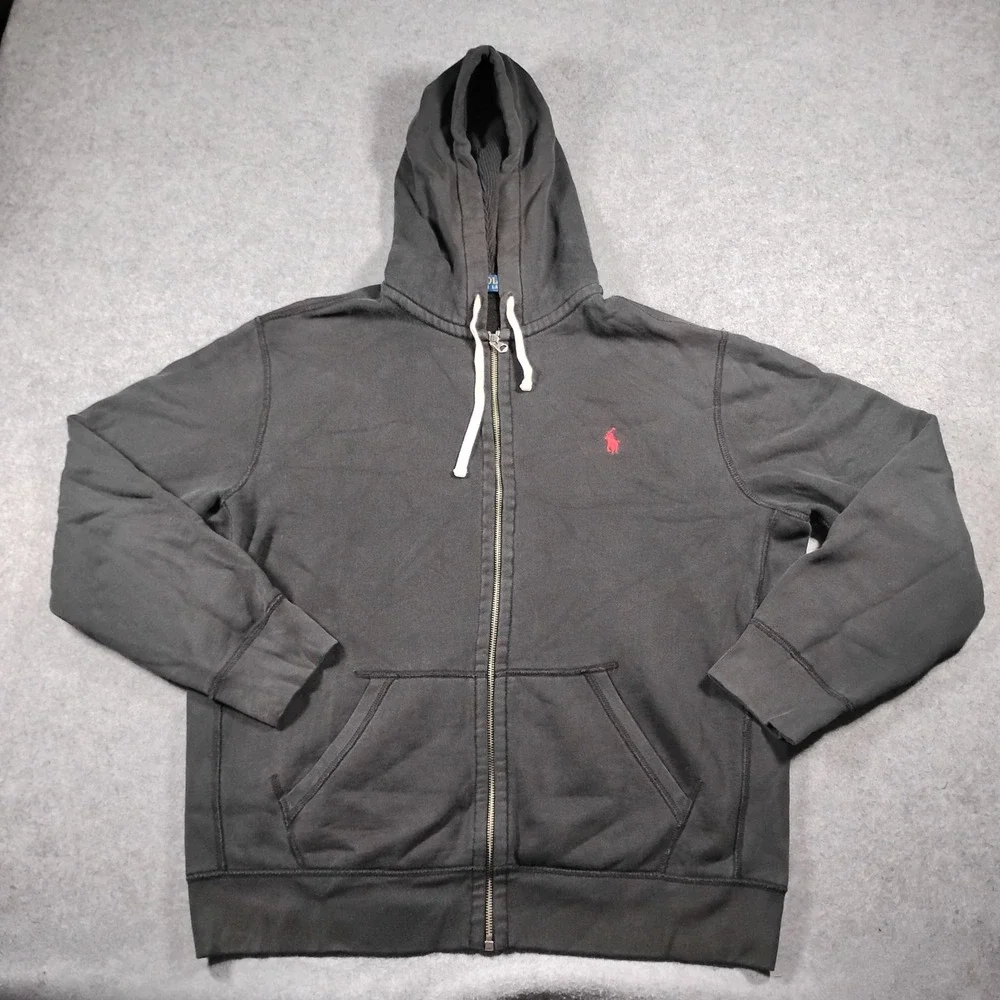 Polo Ralph Lauren Waffle Lined Full Zip Hoodie Jacket Men's XL Gray Red Pony